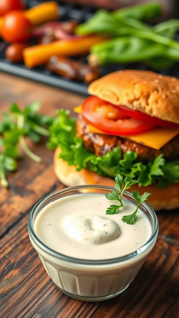 A bowl of creamy burger sauce beside a juicy burger with fresh toppings on a wooden table.